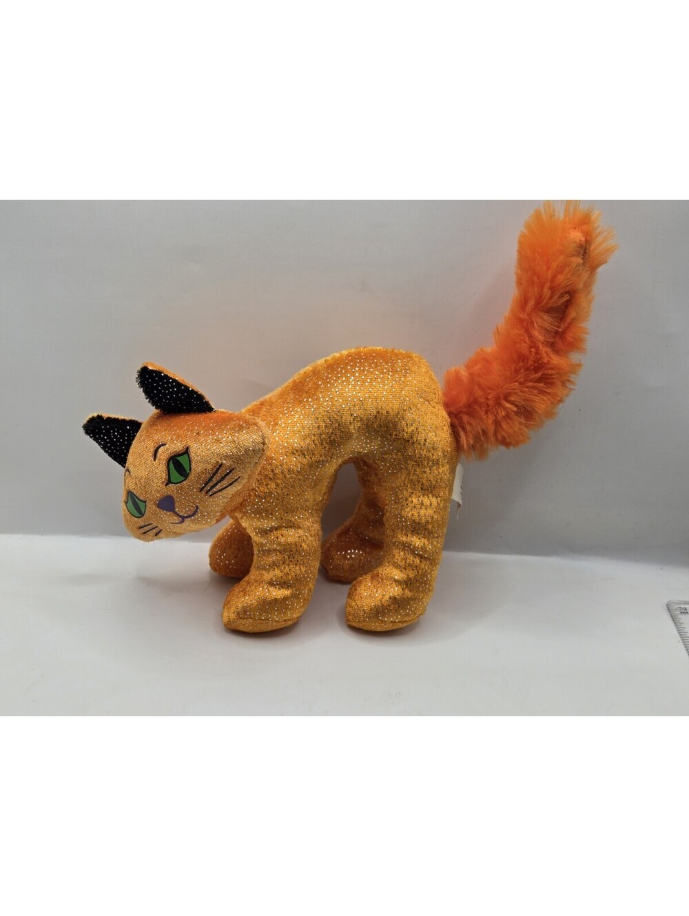 VTG Dan Dee Halloween Cat Plush Orange Sparkle Tinsel Fluffy Tail Collectors
